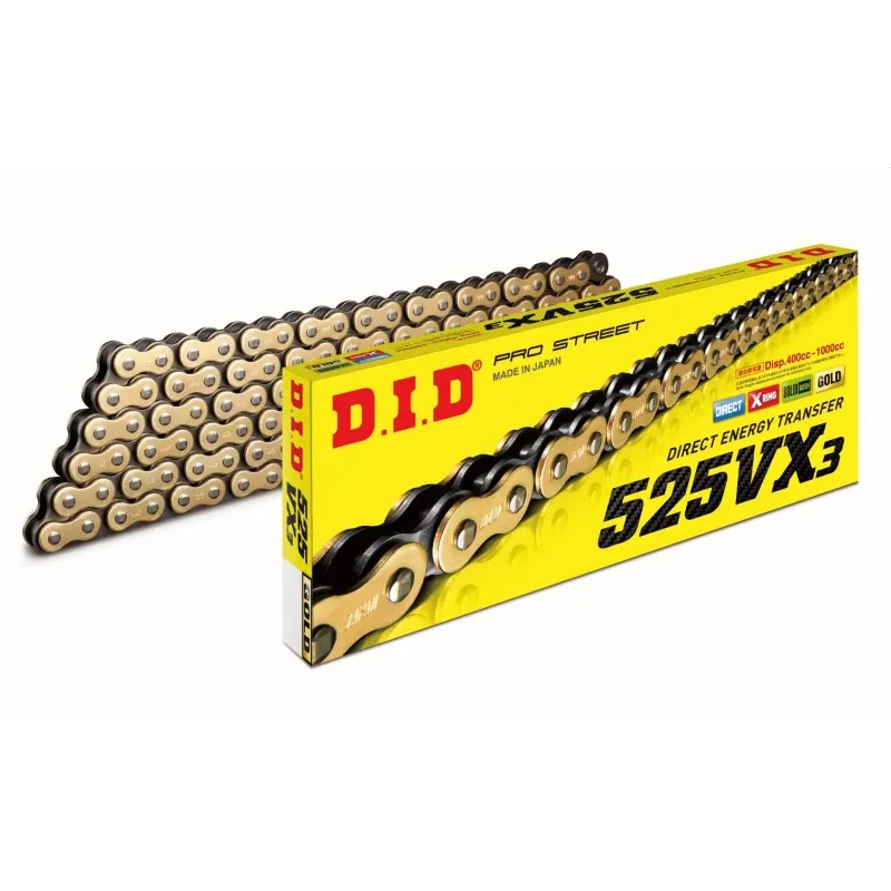 Drive chain DID pitch 525 street heavy-duty with X-RING 122 links -gold 525VX3.122